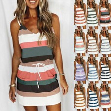 Plus Size Womens Summer Strappy Mini Dress Ladies V Neck Stripe Sun Dresses New
