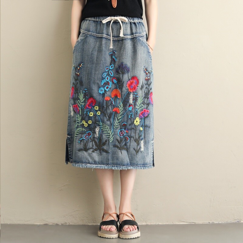 Lady Floral Embroidery Denim Skirt Loose Chinese Ethnic Flower
