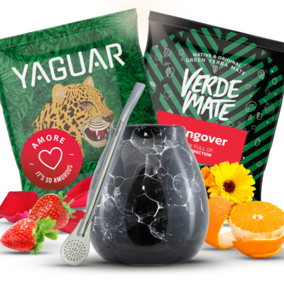 Mate Becher Set Bombilla + Gratis Mate Tee 2 x 50g Verde Hangover Yaguar Amore