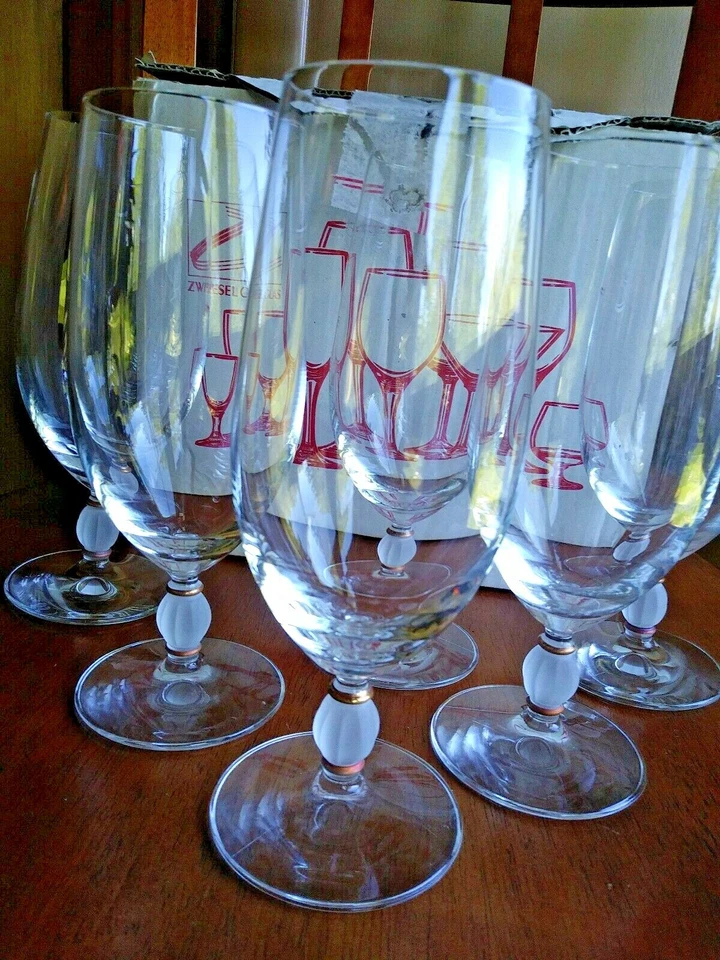 LOTE 6 vasos de té helados camelote blanco artesanal Zwiesel Alemania con caja adorno dorado Foto 2 de 4