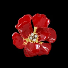 Women's Red Enamel Crystal Flower Floral Brooch Pin