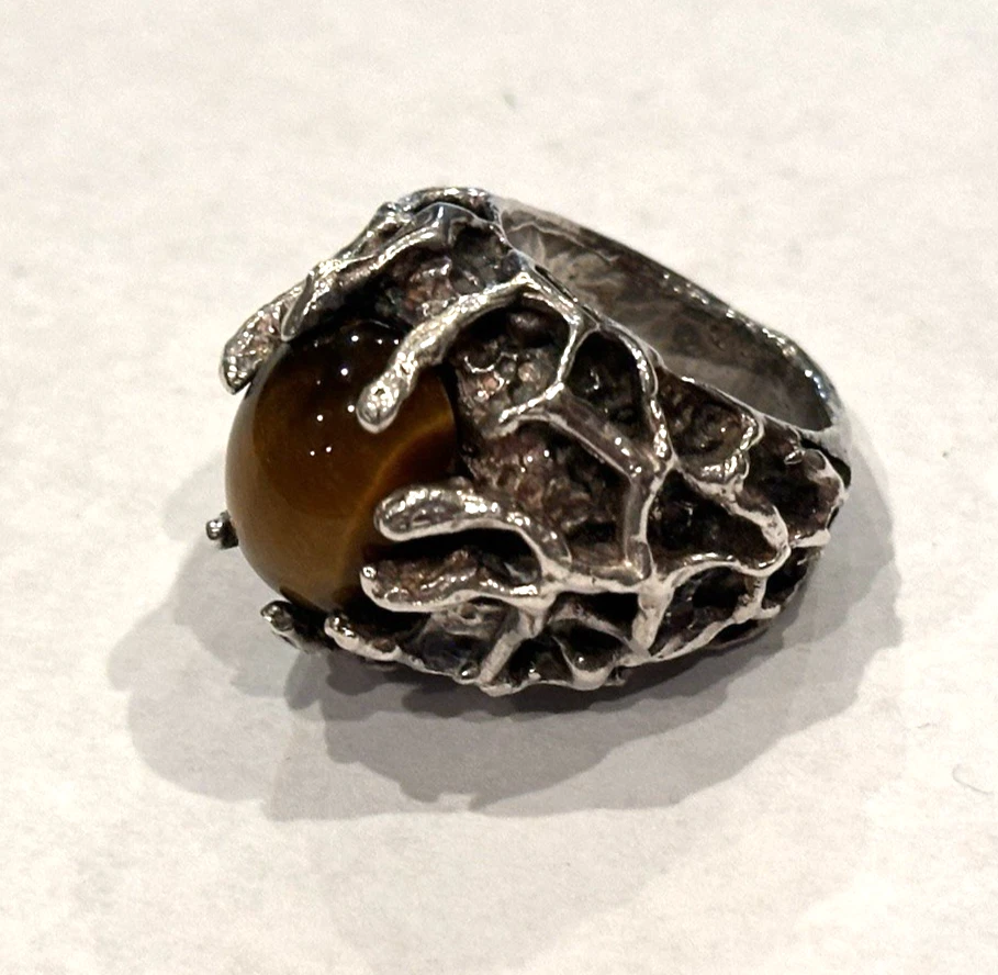 ANILLO OJO DE TIGRE BRUTALISTA PEPITA GRUESO MODERNISTA PLATA LLAMATIVO AUDAZ TALLA 6 MOD Foto 2 de 4