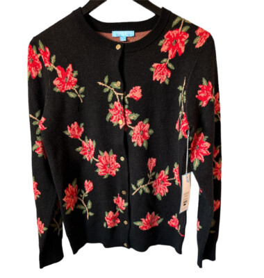 NWT Draper James Womens Small Black Floral Rayon Blend Cardigan Sweater