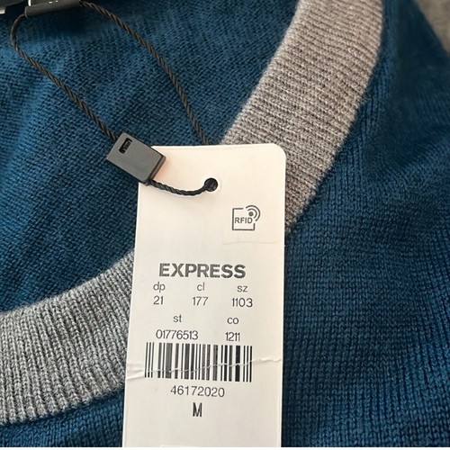 🐟Express Men’s Teal And Gray Color Block Crew Neck Merino Wool Sweater NWT M - Picture 5 of 5