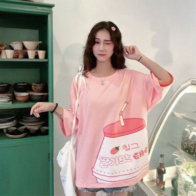 Women Loose T Shirt Blouse Strawberry Milk Box Graphic Tops Japanese Sweet
