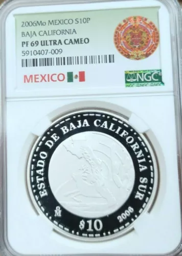 2006 MEXICO SILVER 10 PESOS BAJA CALIFORNIA NGC PF 69 ULTRA CAMEO SCARCE TOP POP