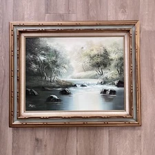 Vintage Framed Oil Painting On Canvas Landscape Creek Signed By Bettiri 25.5x32”
