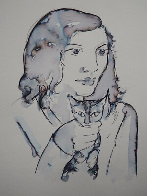 Feder & Tusche Waschzeichnung nach / im Stil von Lucian Freud ein Mädchen mit einem Kätzchen