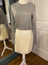 Chic Gray Long Sleeve Top with Cream Lace Skirt Set