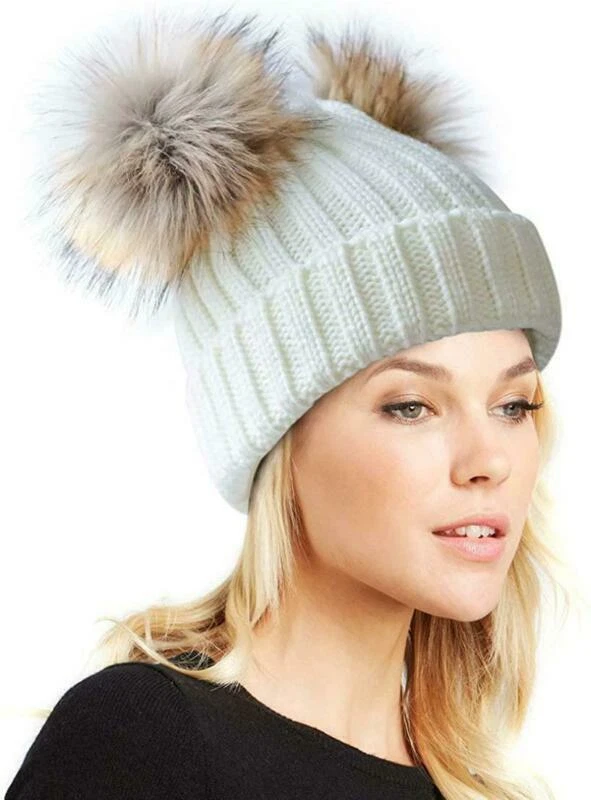 Winter Beanie Pompom Hat Women Detachable Faux Fur Ball - Black