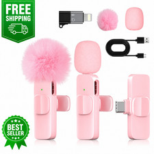 Pink Wireless Lavalier Microphone for iPhone Android Mini Clip-On Mic USB-C  