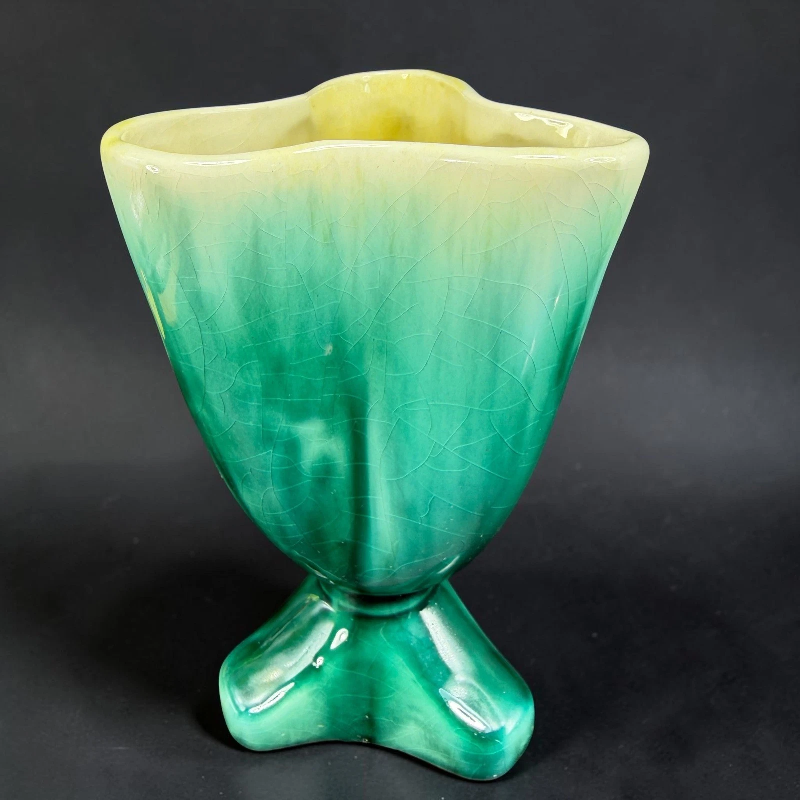 Vintage Green Ombre Crackle Glaze Ceramic Vase Tri Corner Pedestal Planter Vase