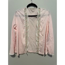 Vintage Sears Pink Nylon Bed Jacket Floral Embroidered Lace Trim Med 36 USA Made