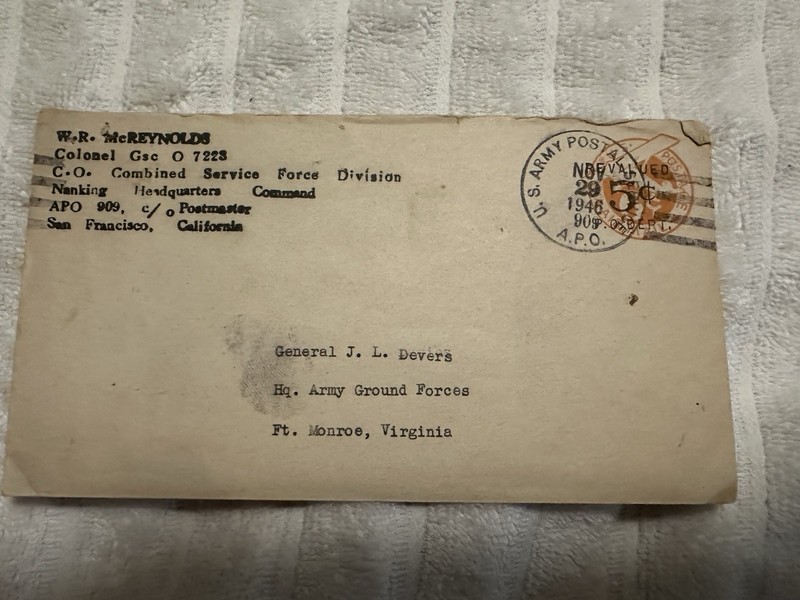 General Jacob L. Devers Cover Envelope Ft. Monroe, VA - York, Pa Interest 1946