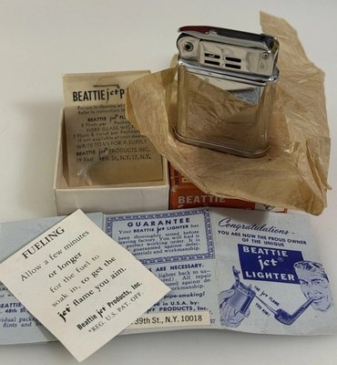 Vintage Beattie Jet Feuerzeug Nickel Finish New Old Stock mit Original Box Papieren