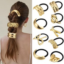 9 PCS Gold Hair Tie For Women Cuffs Metal Geometric Ponytail Holders Bands