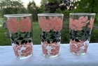 Set of 3 Vintage Anchor Hocking Tumblers Pink Roses Black Floral 5 inch