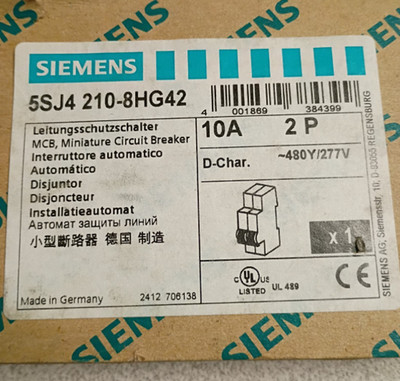 Siemens 5SJ4210-8HG42 Miniature Circuit Breaker   10A   2 Pole   D Curve   New