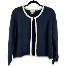Vintage L.L. Bean Navy Blue Chunky Knit Open Front Cardigan   White Trim, Size L