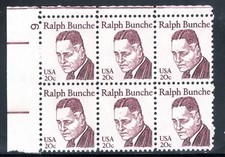 US Stamp Scott #1860, 20c, Ralph Bunche, Plate Block of 6, MNH, SCV$2.40