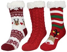 Slipper Socks for Women One Size C-red Christmas Red Christmas Deer -3 Pairs