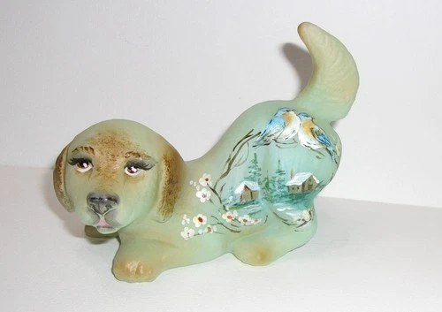 Fenton Glass Jadeite Watchful Bluebirds Puppy Dog Figurine Ltd Ed #15/23 Kibbe