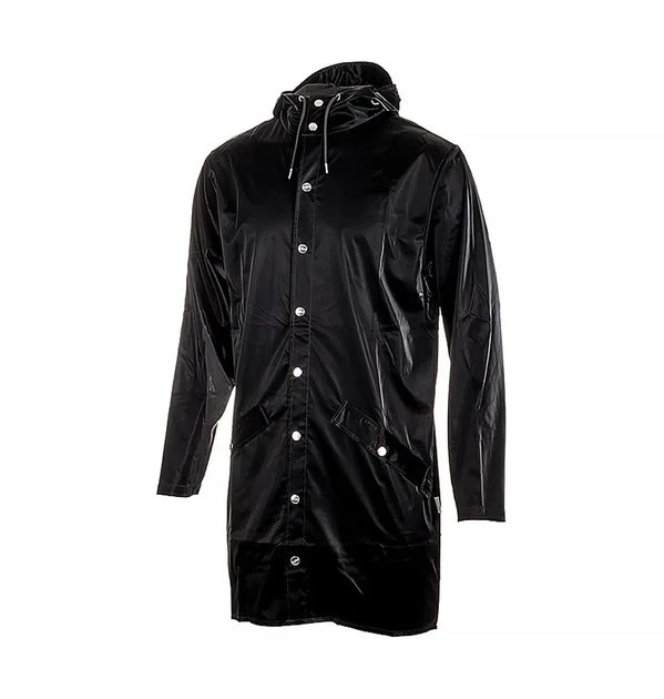 RAINS Long Hooded Rain Jacket Velvet Shiny Black M/L Unisex Raincoat image 4