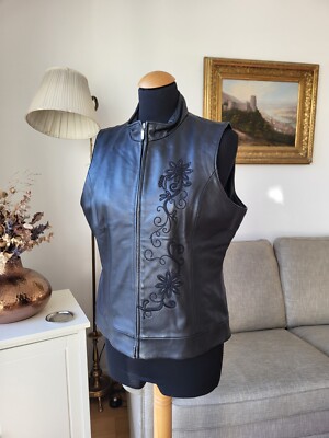 Schwarze Vintage Damen Lederweste Größe 38 Coldwater Creek Stickerei 90ies