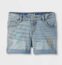 Cat  Jack Girls XXL 18 Plus Embroidered Jean Shorts Blue Rolled Hem