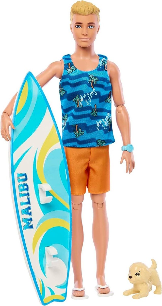 Ken Doll with Surfboard and Pet Puppy, Poseable Blonde