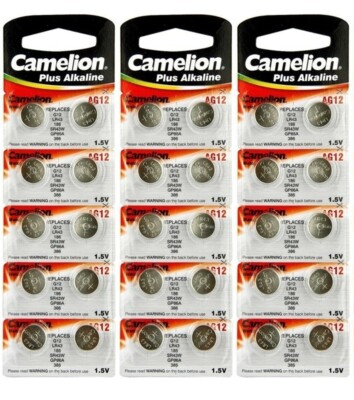 30 AG12 LR43 Camelion 386 LR1142 1.5V Alkaline Button Cell Battery Watch Remote 