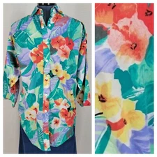 Vtg Laura Mae Orng/Yel/Purp/Grn Hibiscus Floral Button Down Shirt 44" Bust 