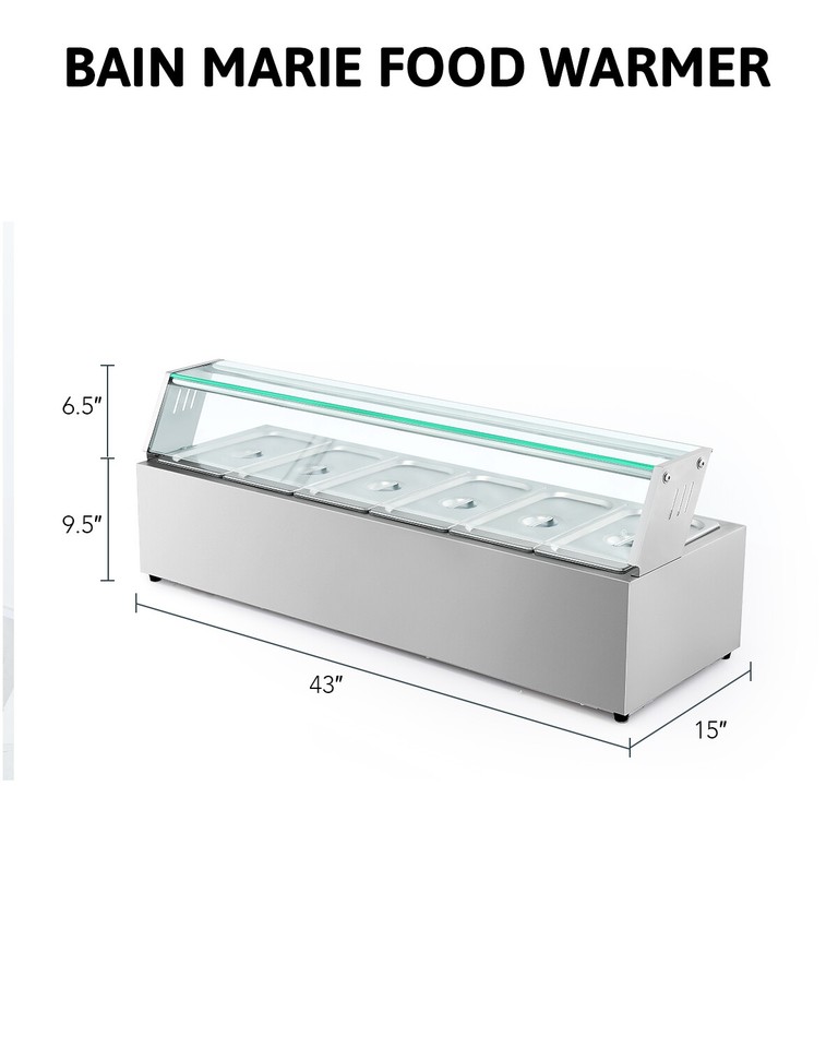 Bain Marie Food Warmer with 6 Stainless Steel Pans & Lids Catering Food