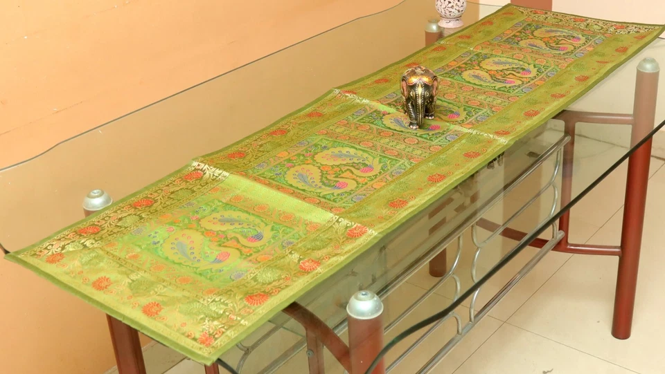 Green Silk Brocade Table Runner Peacock Wedding Decorative Wall Hanging Throw - Image 2 of 4