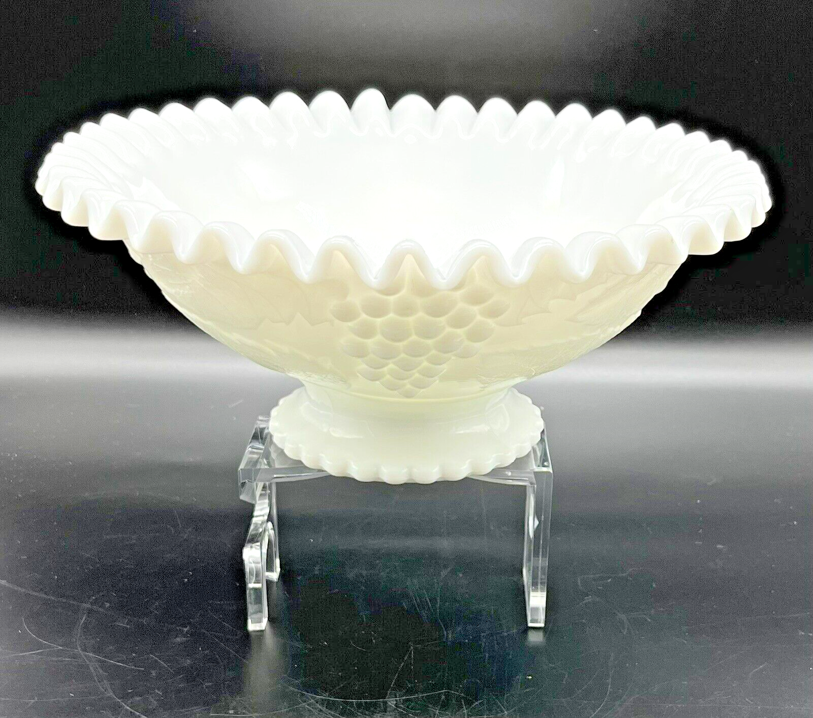 Vintage Smith Milk Glass 10 Inch Footed Fruit Bowl with Crimped Ruffle Edge