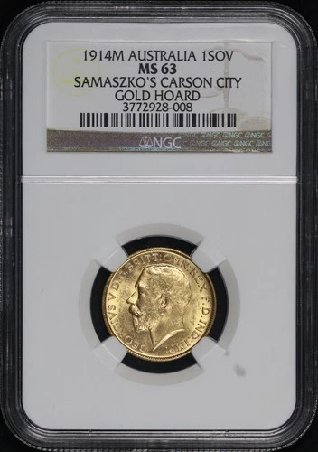 1914M Australia Gold Sovereign NGC MS-63 Samaszko's Carson City Gold Hoard Label