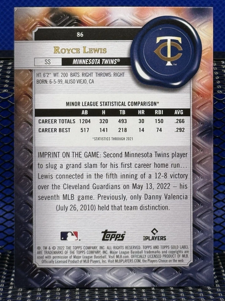2022 Topps Gold Label ROYCE LEWIS Minnesota Twins RC Rookie Card Class 1 - Image 2 of 2