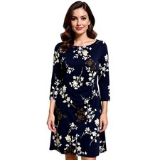Chaps Navy Floral Print 3/4 Sleeve Ruched Knee Length Dress Women's L