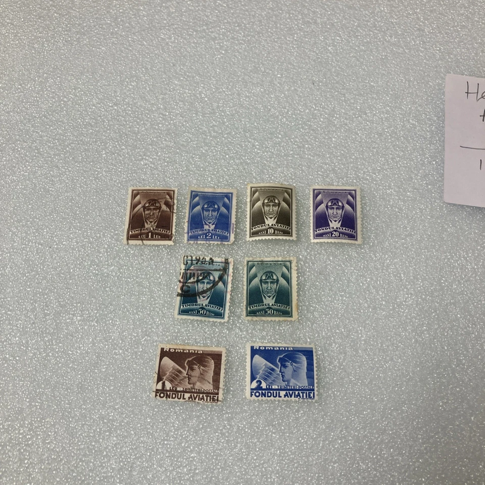 8 USED Romania Stamps: 6 Heads of Aviator AJ1658 1932 Stamps & 2 of 1936 Pilot. - Image 2 of 4