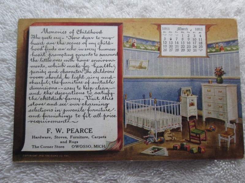 Memories Of Childhood, F.W. Pease Hardware, Owosso, Mi. Calendar Postcard 1911