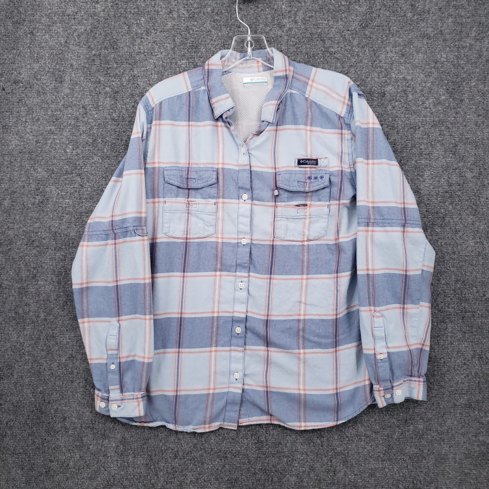 Columbia Button Up Shirt Mens L Large Blue PFG Plaid Flannel
