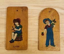 Vintage Hand Painted Wooden Wall Plaques- Folk Art Boy Girl- Rustic Lot Of 2