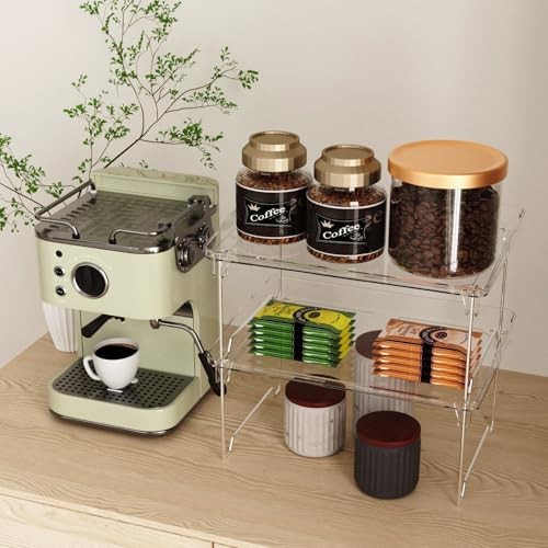 2 Pcs Cabinet Organizer Shelf，Stackable Kitchen Counter Shelves, 2 pack clear