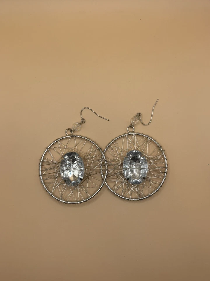 Statement Hoop Earrings with Wire Wrap and Large Clear Crystal – Silver Tone - image 2 of 4