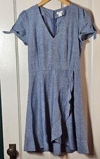 J Crew Factory Dress Women's Sz 0 Blue Chambray Cotton Faux Wrap Cap Tie Sleeves