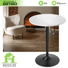 23.6" White Wood Round Pub Bar Table Adjustable Counter Height Marbling Tabletop