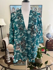 NWOT CITRON San Monica Turquoise Green Floral Open Front V-Neck Blouse Size PXL