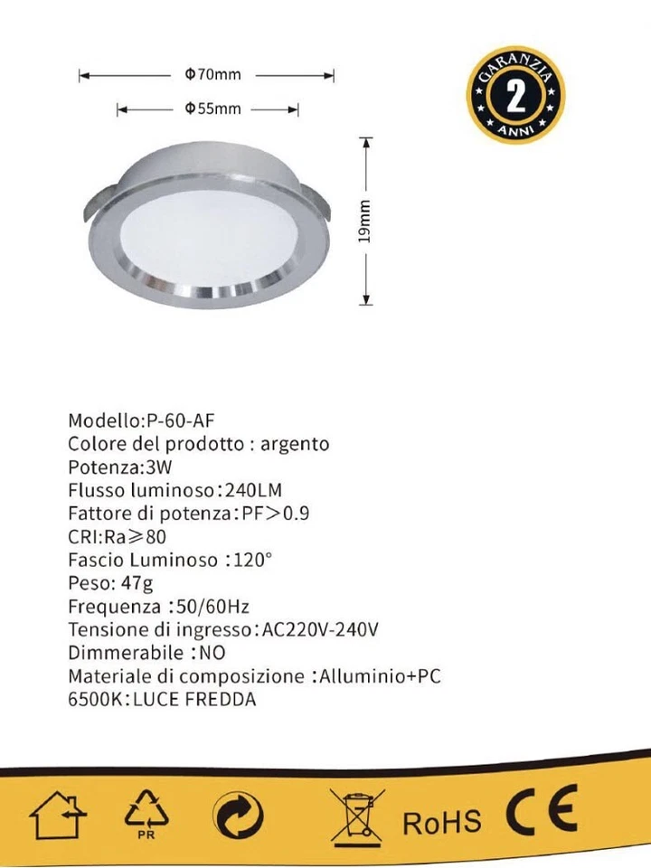 Faretto led 3 w luce bianca calda naturale a incasso rotondo opaco bordo argento - Immagine 3 di 3