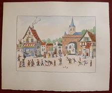 Jean Fous Lithograph and watercolor signed naive art the village the party the inn