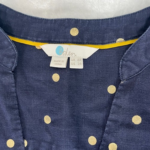 Boden Gold Polka Dot Evangeline Linen Tunic Size 2R Navy Split Neck 3/4 Sleeve - Picture 3 of 10